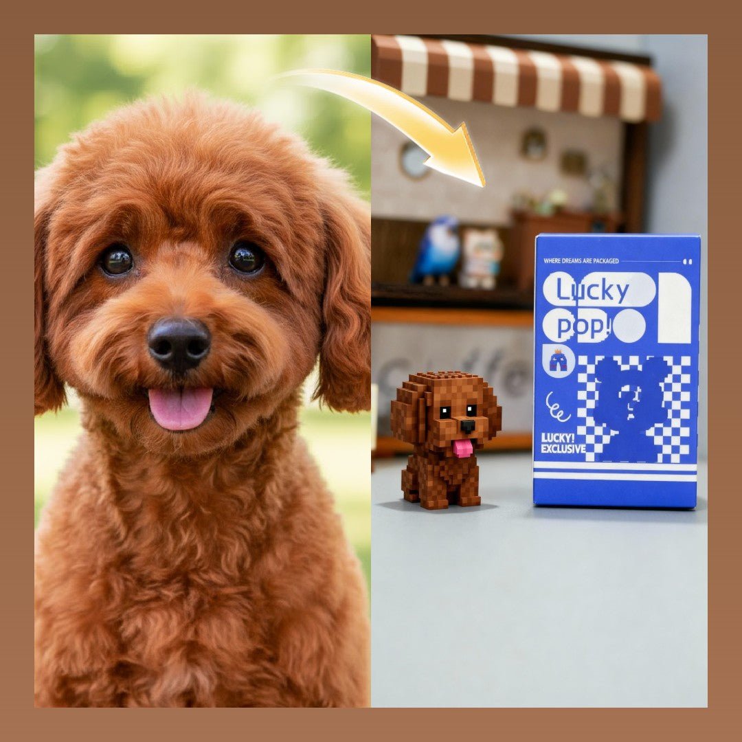 Small brown dog next to a LEGO-like dog figure and packaging on a table.