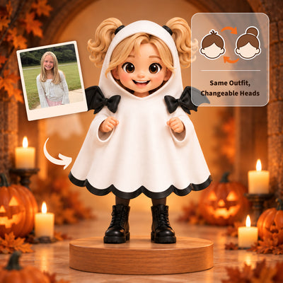 Custom 3D printed bat ghost figurine of a girl with black bat wing bows and scalloped hem, from a photo