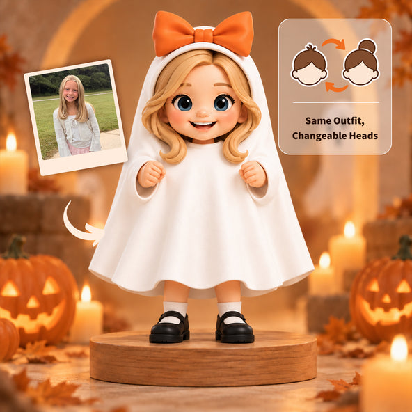 Custom 3D printed ghost figurine of a girl in a white sheet cape with an orange bow, made from a photo