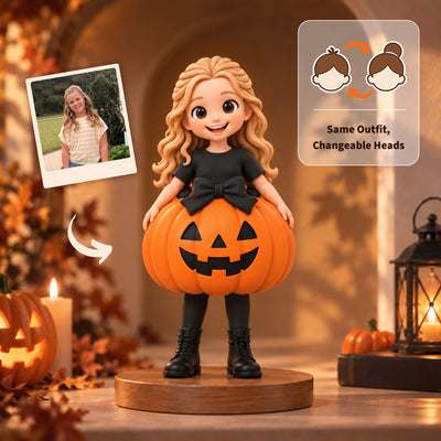 Custom 3D printed pumpkin figurine of a girl in a carved pumpkin skirt with a black bow, made from a photo