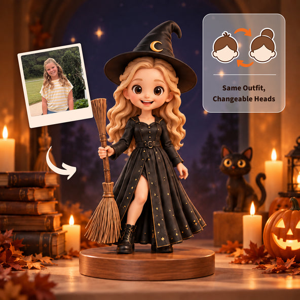 Custom 3D printed witch figurine of a girl in a black star dress holding a broom, made from a photo