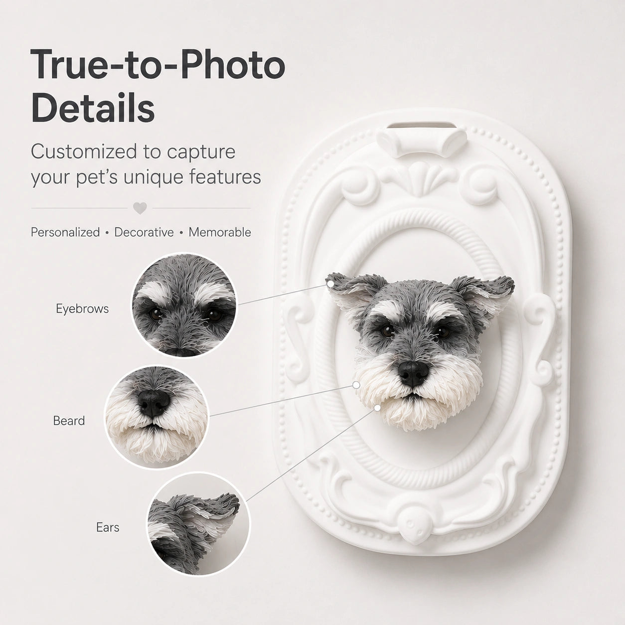 A custom dog aroma stone showing true-to-photo details of the eyebrows, beard, and ears.