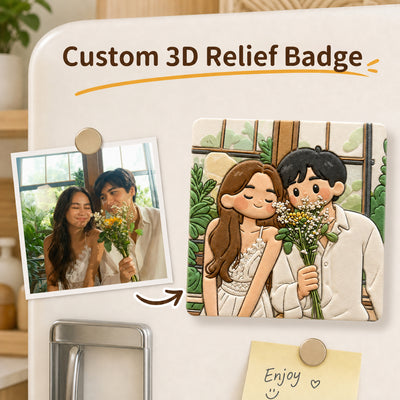 Custom fridge magnet of a couple made from their photo, displayed on a fridge door