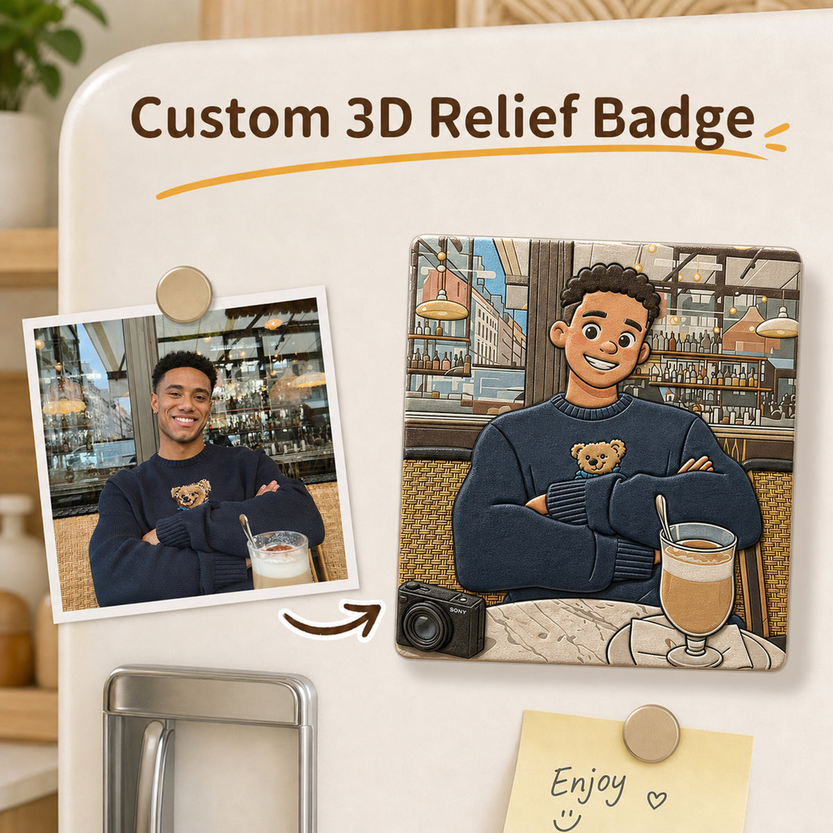 Custom fridge magnet made from a photo, shown in 3D relief style beside the original picture