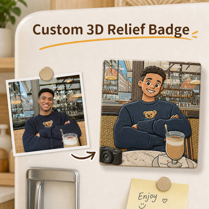Custom fridge magnet made from a photo, shown in 3D relief style beside the original picture