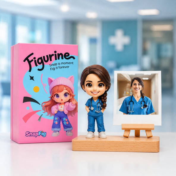 A custom nurse figurine sculpted from a photo, shown in scrubs with a stethoscope and badge.