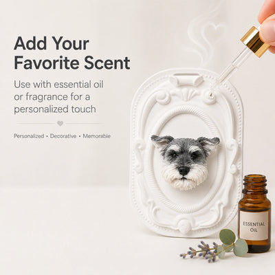 A custom pet aroma stone beside an essential oil bottle and a lavender sprig.
