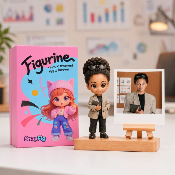 Figurine with packaging and a photo stand on a desk