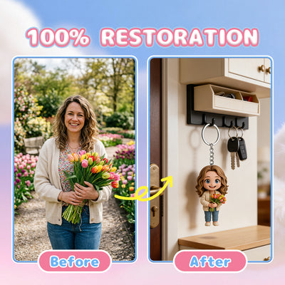 Before and after comparison of a photo turned into a custom 3D keychain figurine