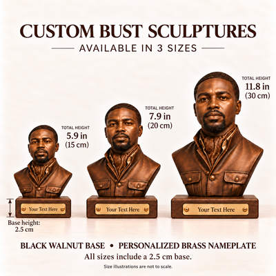 Custom Portrait Bust from Photo – Antique Bronze Finish with Black Walnut Base