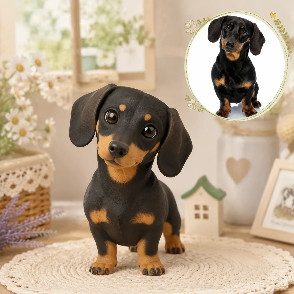 Black and tan dachshund figurine on a textured surface with decorative elements in the background