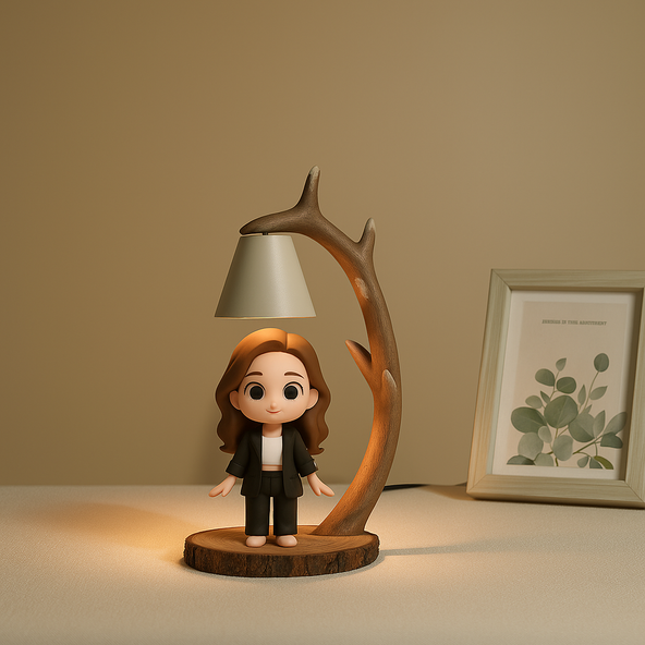 Figurine with a lamp and decorative frame on a neutral background