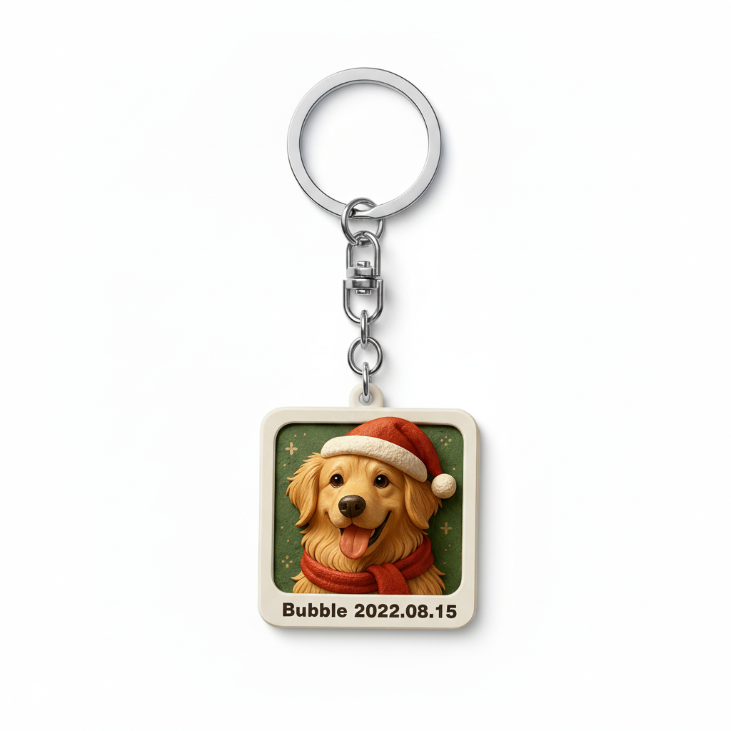 Relief Keychain with a dog's face printed on a square tag, wearing a Santa hat and scarf.