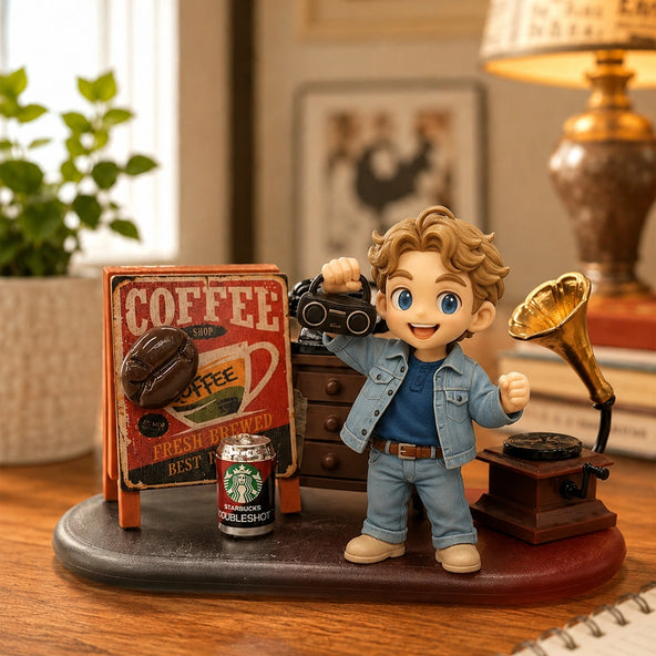 Demonstration of figurine compatibility, showing the diorama hosting different custom figurine sizes from mini keychain to standard portrait.