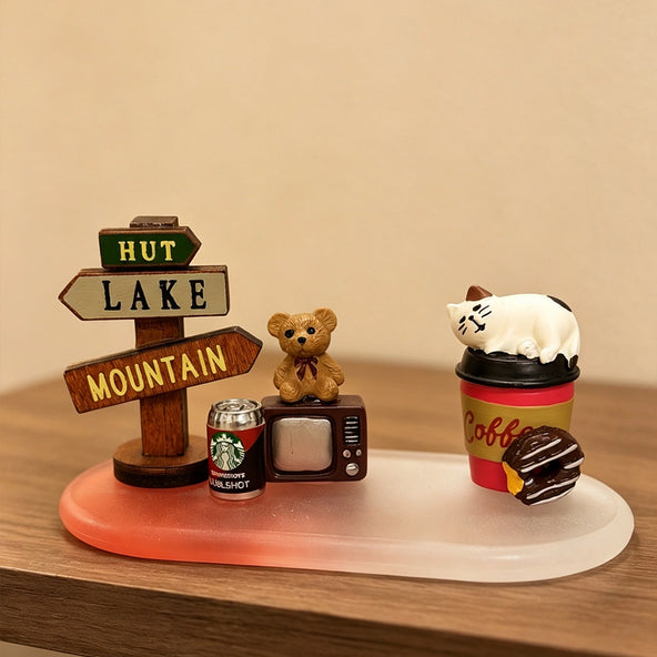 A miniature themed diorama display scene crafted from mixed artisanal materials, designed to host a custom figurine for a complete storytelling moment.