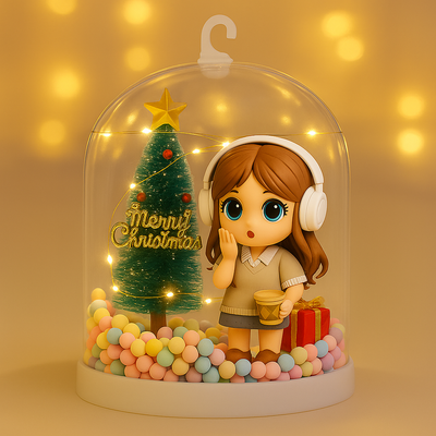Decorative scene with a character wearing headphones, a Christmas tree, and presents under a clear dome.