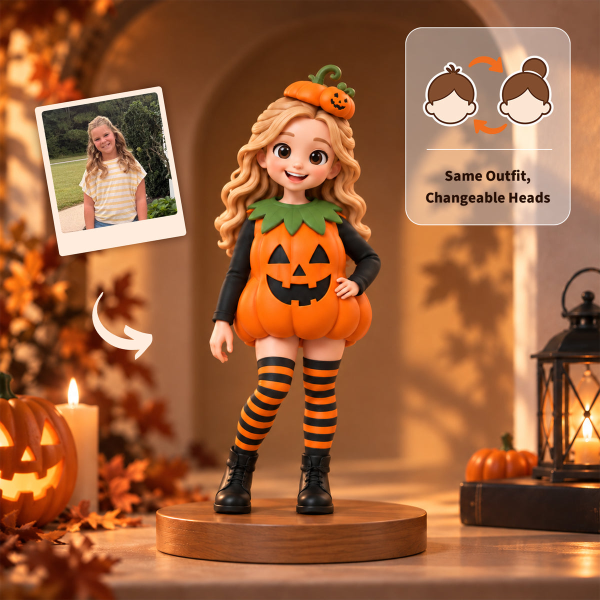 Personalized 3D printed Halloween figurine of a girl in a pumpkin costume with orange striped stockings