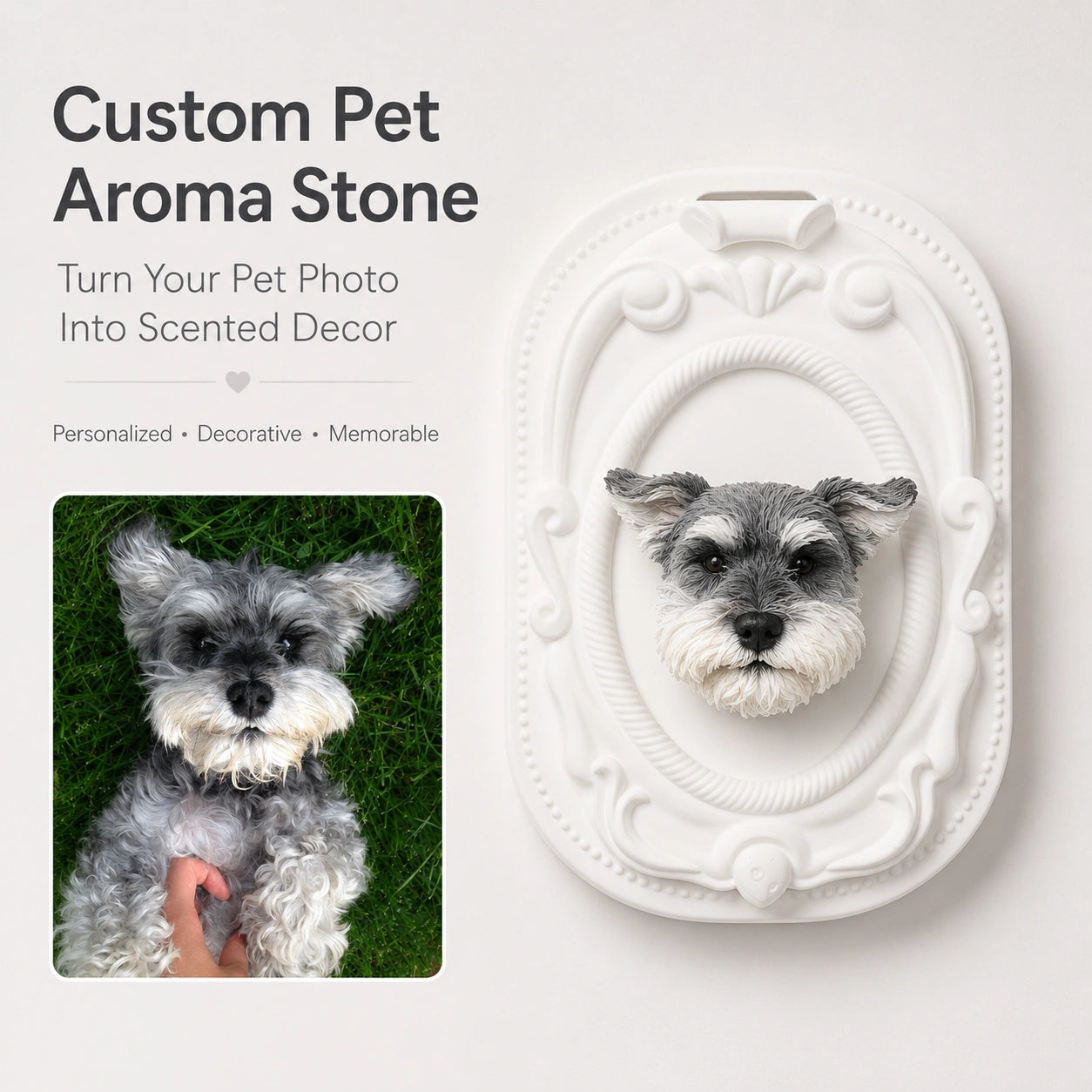 A pet memorial aroma stone made from a photo, honoring a beloved dog as a lasting keepsake.