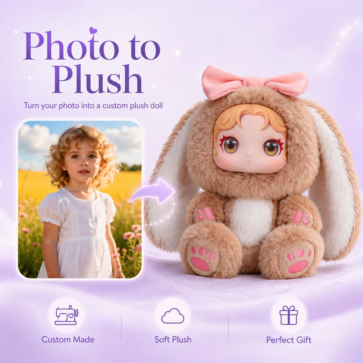 A photo to plush comparison showing a customer photo transformed into a custom plush doll with a matching resin face