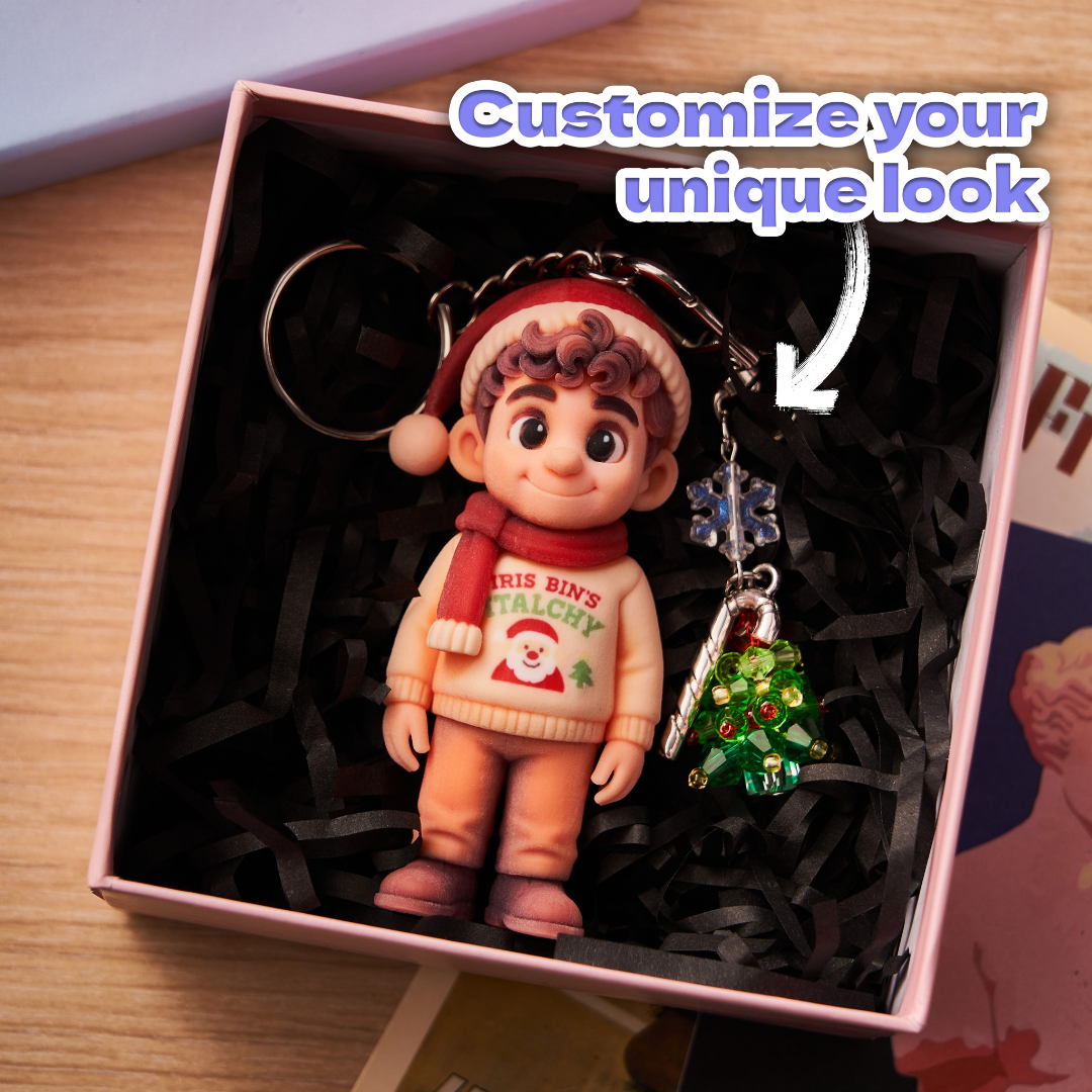 Keychain with character in a box, featuring text 'Customize your unique look'.
