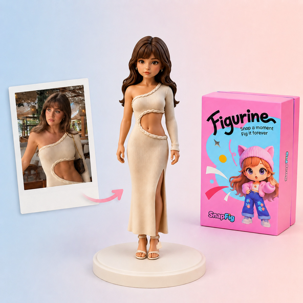 Realistic custom statue of a woman sculpted from her photo, shown with the original picture and gift box