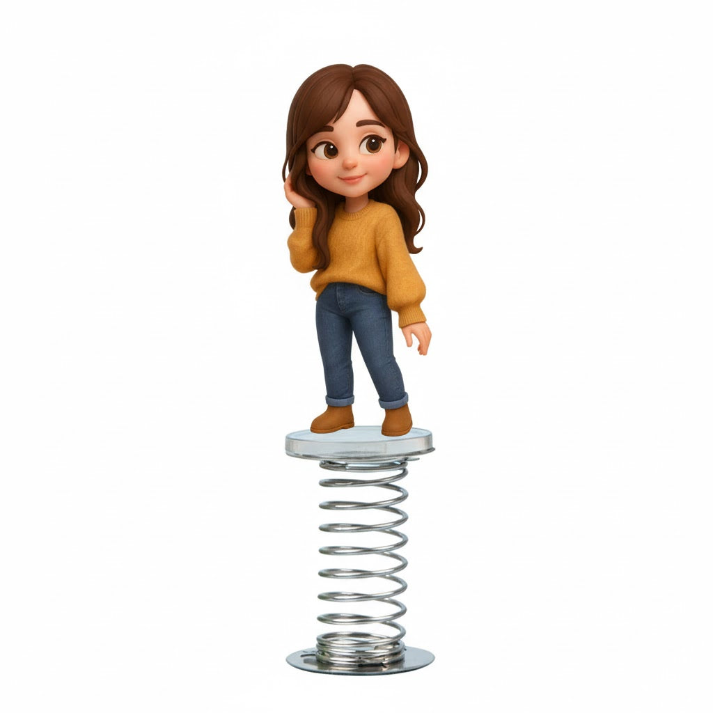 Animated character standing on a spring with a white background