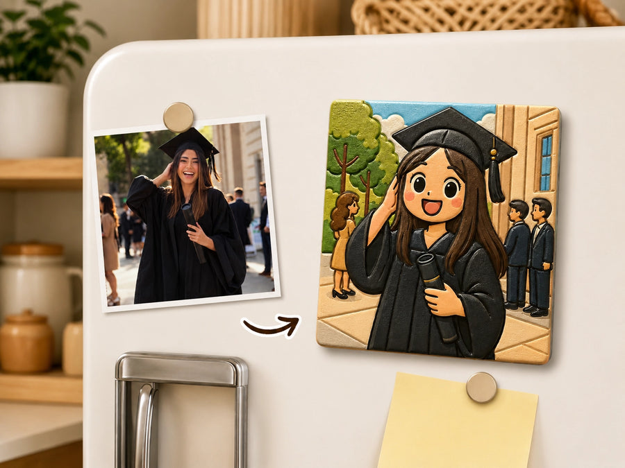 Custom graduation fridge magnet made from a photo