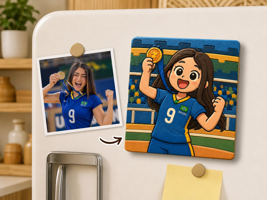 Custom fridge magnet of a sports jersey moment made from a personal photo