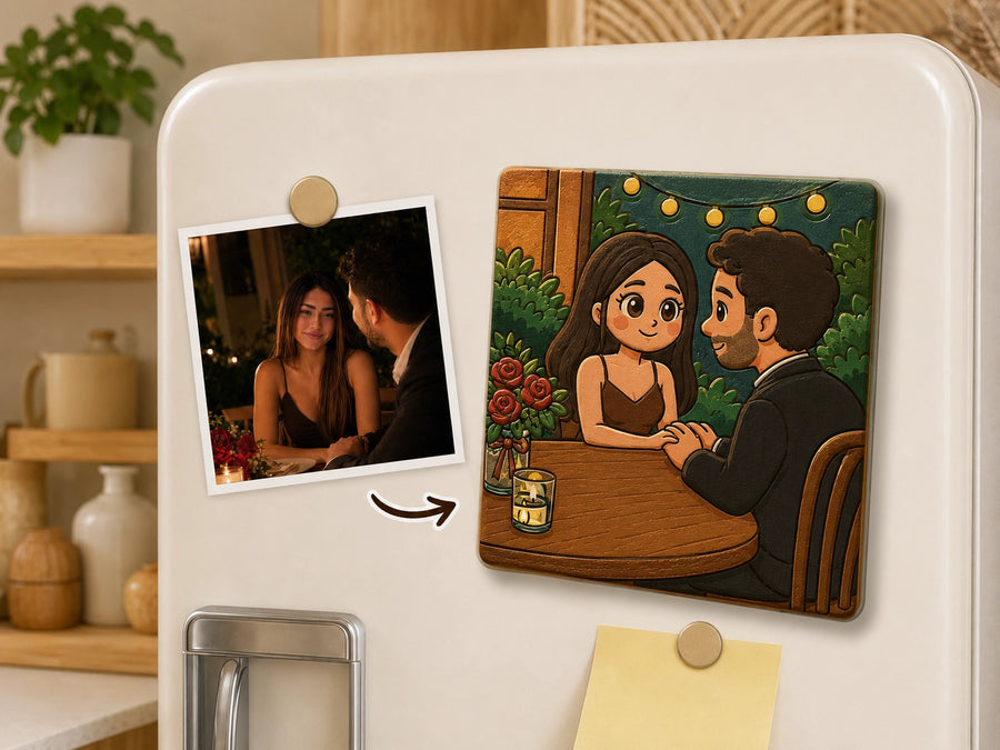 Custom anniversary fridge magnet made from a couple's photos