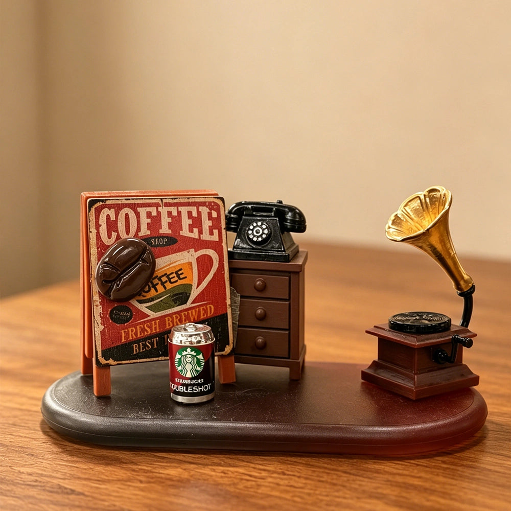 Close-up of the Vintage Coffee diorama showing painted micro-details, miniature cafe props, and hand-arranged layered components.