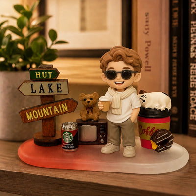 Vintage Coffee mini diorama scene with European cafe details, miniature signboard, and warm vintage palette for hosting a custom figurine.