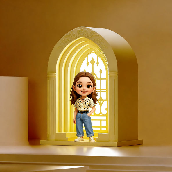 Animated character standing in front of a decorative archway with warm lighting.